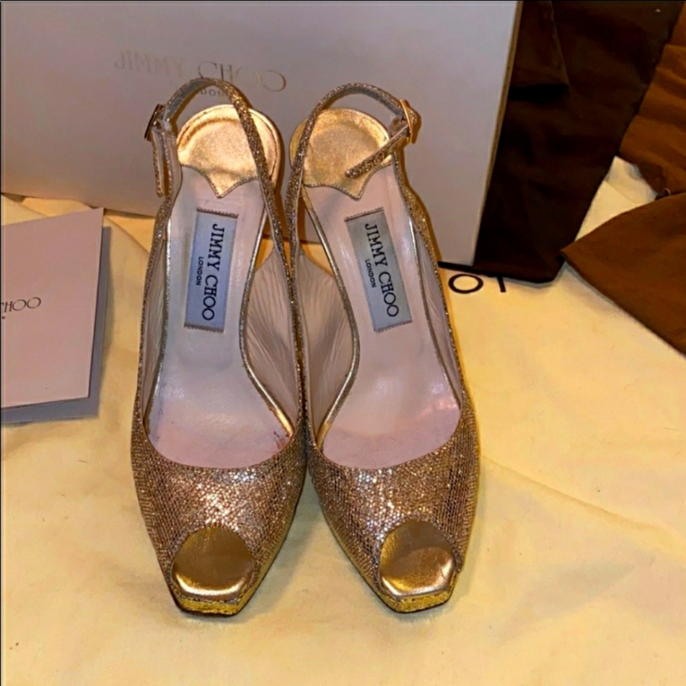 Jimmy Choo Gold Glitter Open Toe Slingback Heels